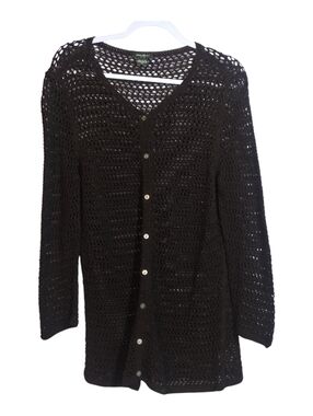 Eddie Bauer Vintage Cardigan Open Knit Crochet Brown Boho Coastal Cottage Sz XL